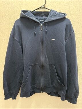 Vintage Distressed Nike Navy Blue Full-Zip Hoodie with White Swoosh